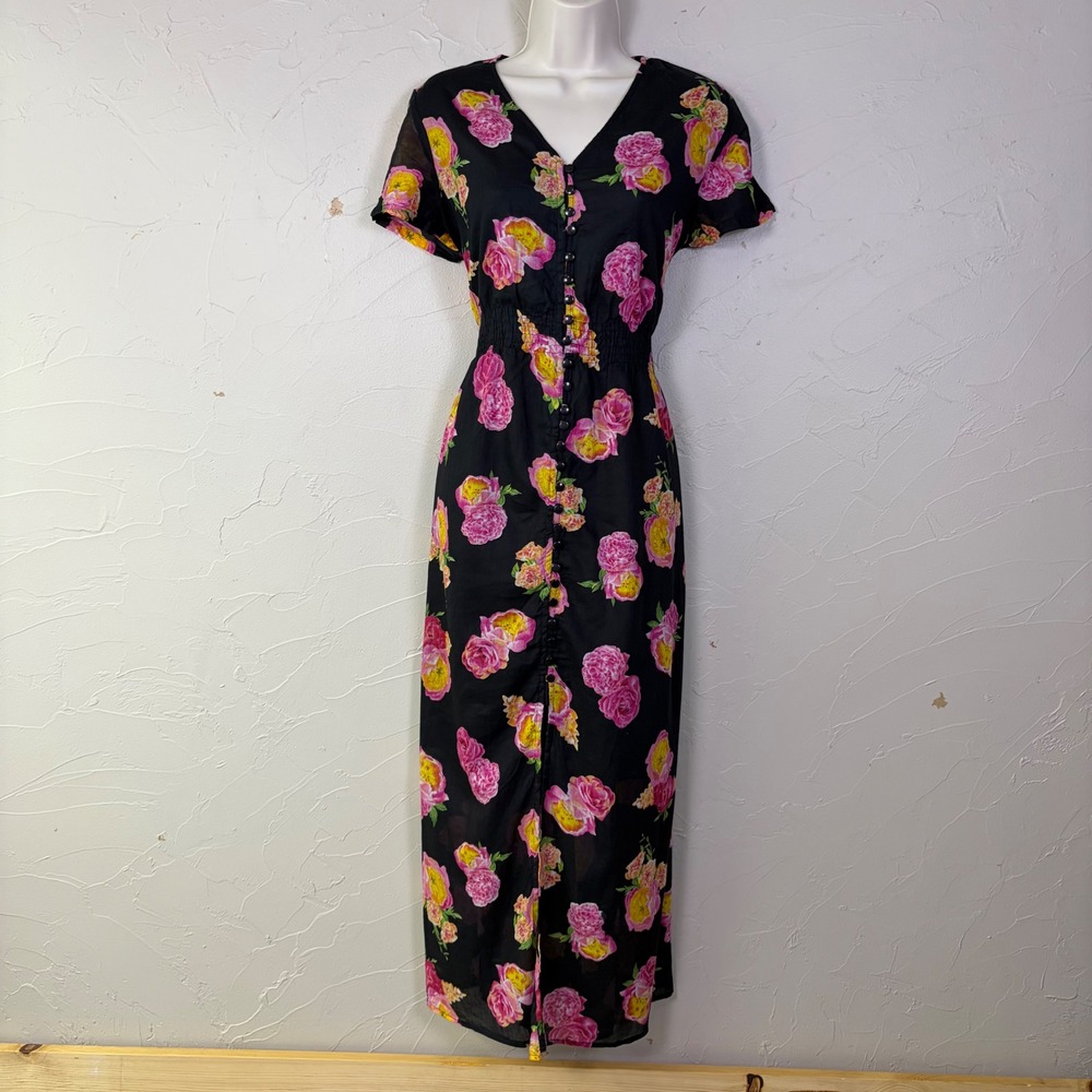 Cotton Daisy Floral Button Front Maxi Dress Medium Black Pink Cottage Natural